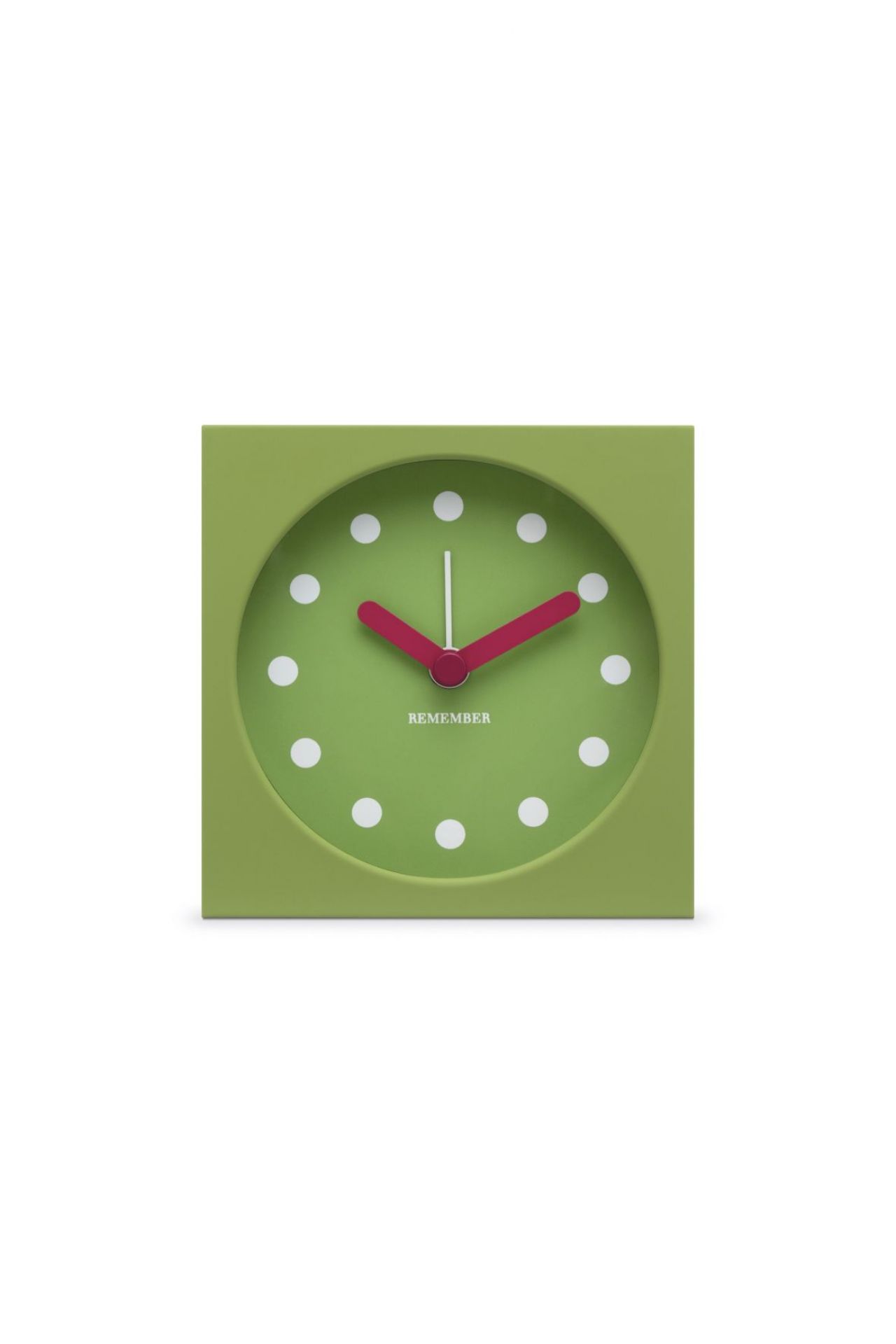 Grüne Remember Tischuhr mit Wecker, quadratisches Design, roten Zeigern und weißen Punkt-Markierungen.